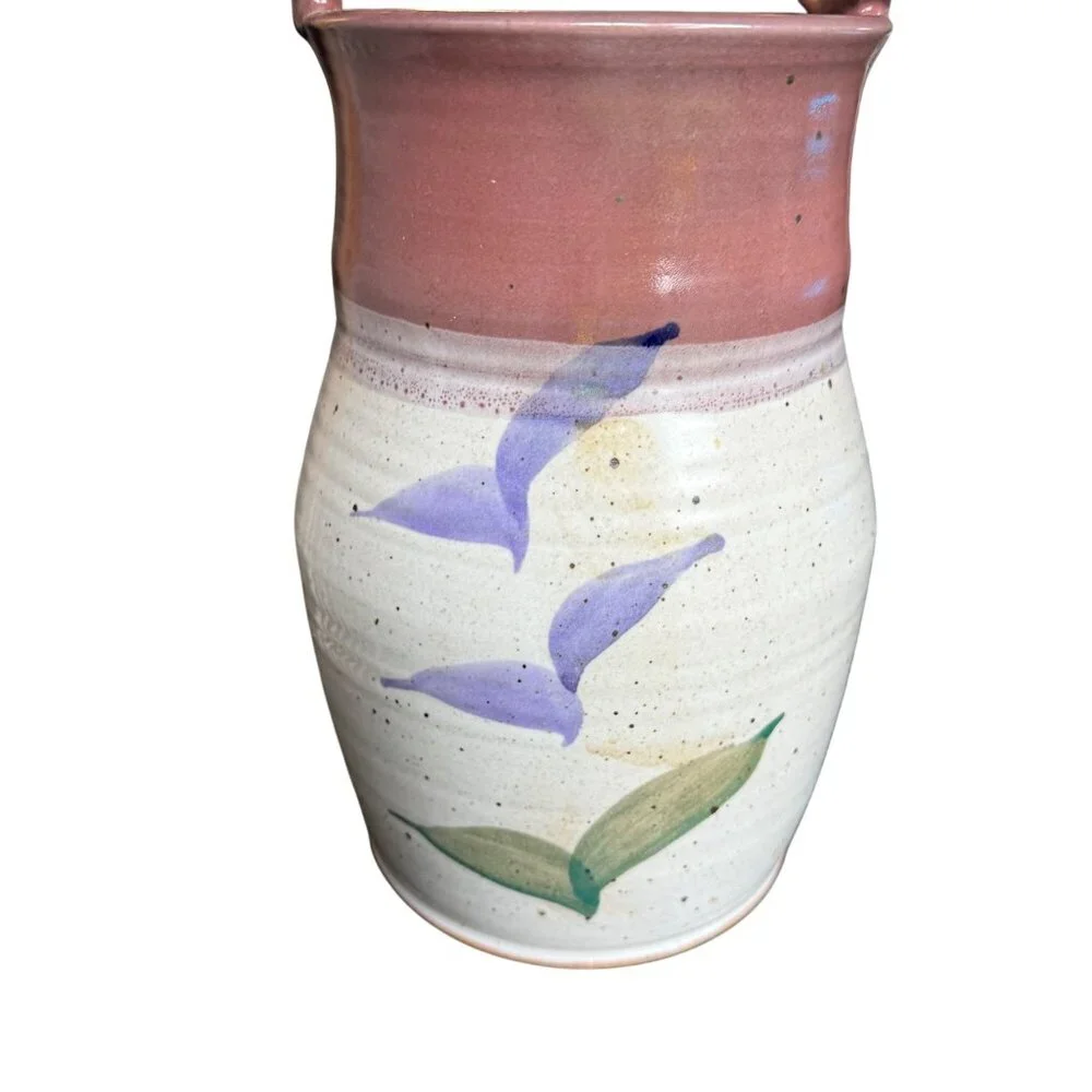 Handmade‎ Studio Pottery Vase w/ Bamboo Handle Purple Gray Green Vessel Abstract